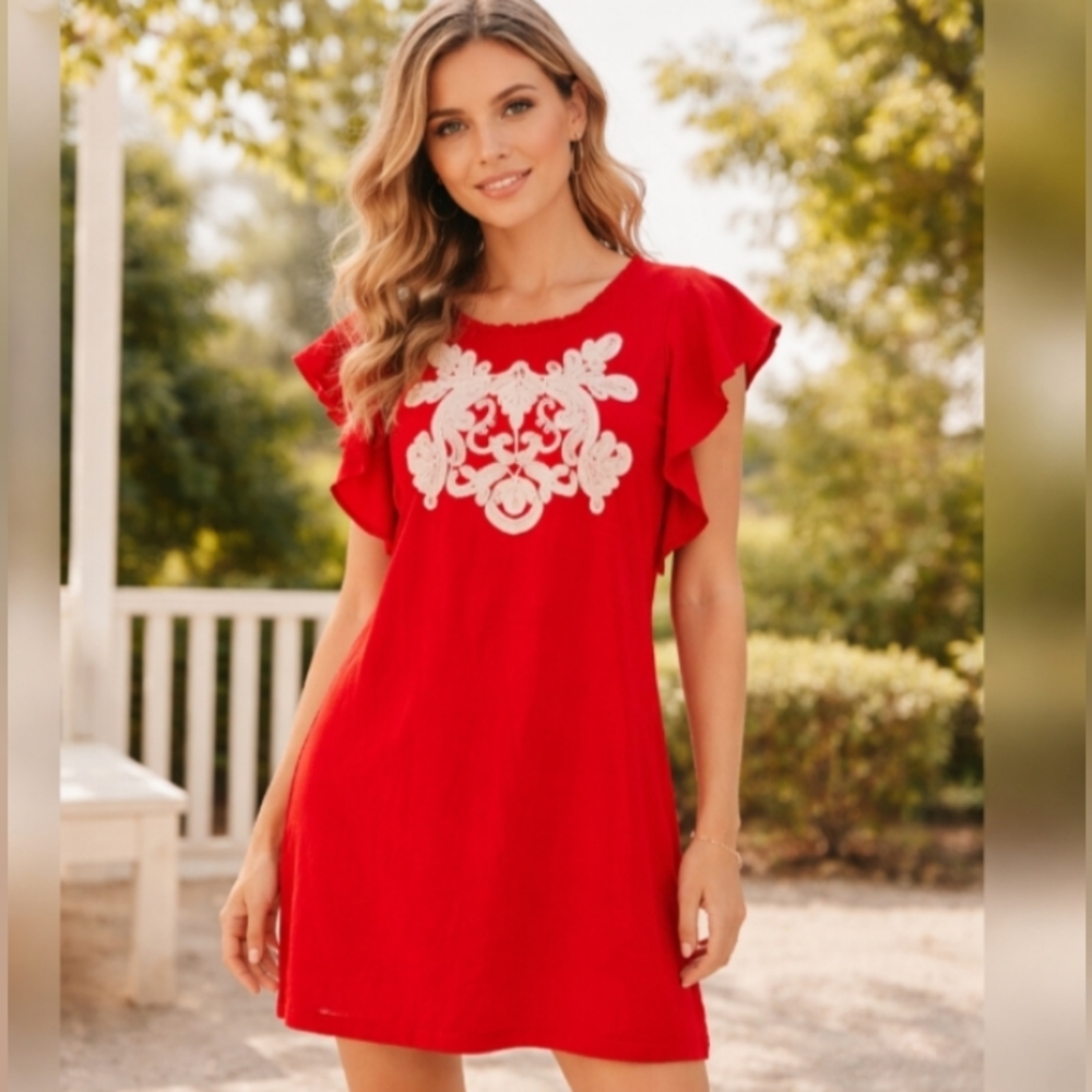 HTML Bright Red White Soutache Embroidered Dress | S